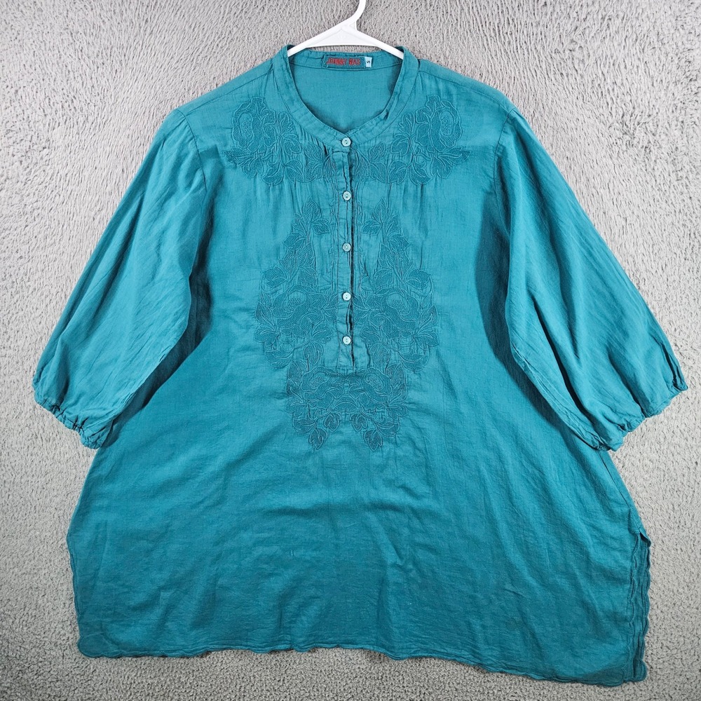 Johnny‎ Was Teal Blue Cotton Embroidered Tunic Blouse Womens Size Small Boho